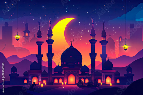 Flat design illustration of a traditional mosque with minarets against a dusk sky, highlighted by festival lanterns, capturing the festive atmosphere of Eid al-Adha photo