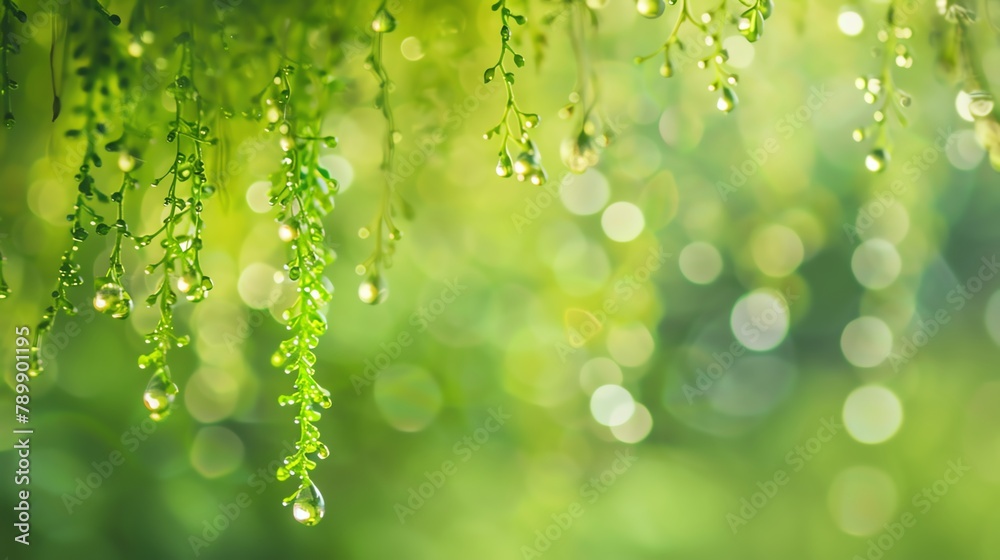 Closeup of hanging moss with dewdrops, highlighted against a blurred green natural background Closeup of hanging moss with dewdrops, highlighted against a blurred green natural background