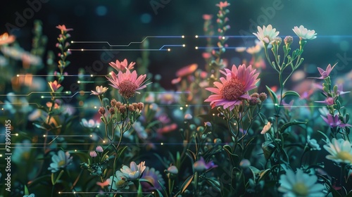Wildflowers and botanical diagrams morphing into circuit designs photo