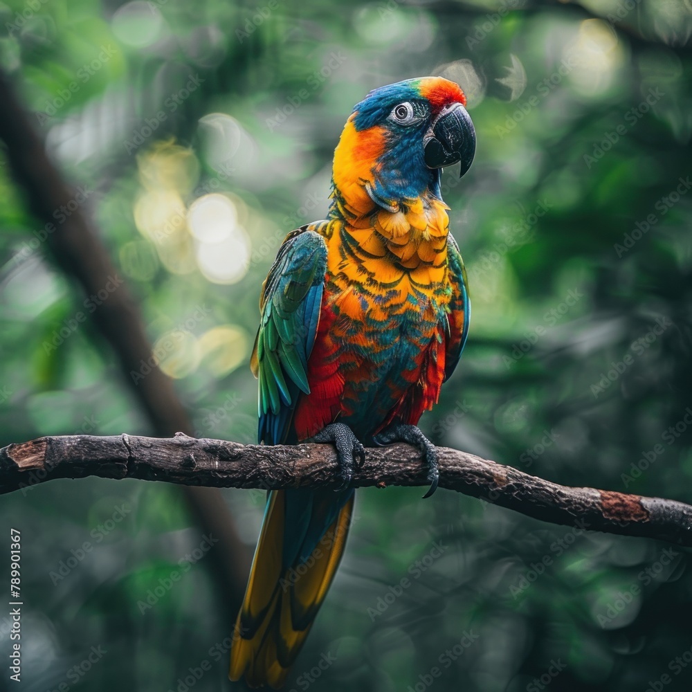 Obraz premium A colorful parrot is perched on a branch in a lush green forest
