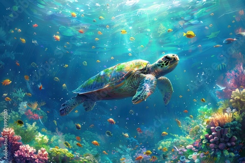 A turtle swimming in a sea of fish