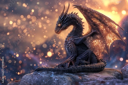 A black dragon with glowing wings sits on a rock