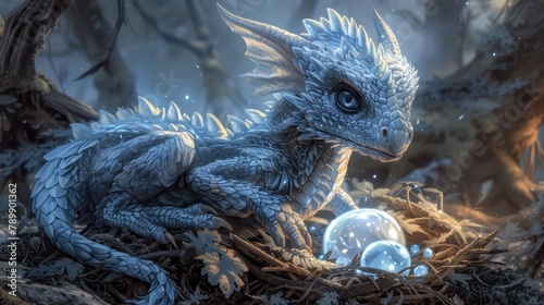 A small white dragon laying on a nest of leaves