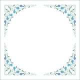 Round green vegetal ornamental frame with leaves and blue magnolia flowers, decorative border, corners for greeting cards, banners, business cards, invitations, menus. Isolated vector illustration.	
