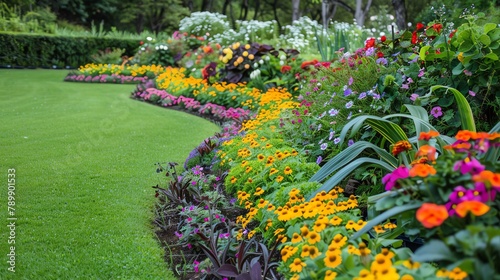 Manicured grass borders framing a vibrant flower bed, showcasing symmetry and garden design