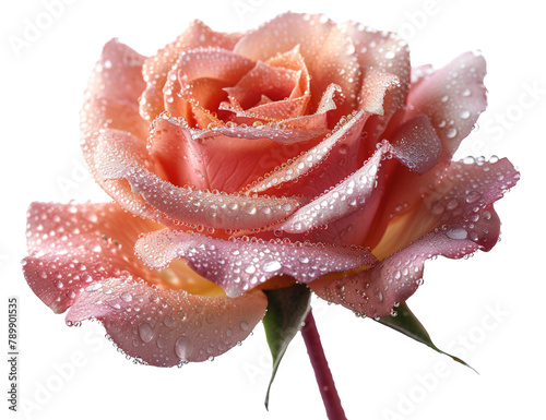 Wet rose in bloom with dew on petals isolated on transparent background