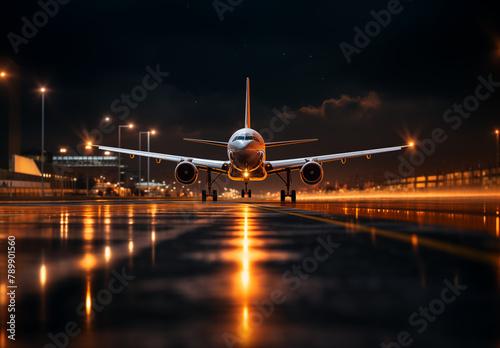 Large commercial airplane landing or take off on runway at night. Journey abroad tourism, oversea travel, flight transit, air travel transport, airline business, or transportation industry concept