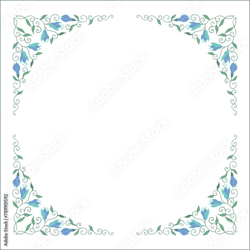 Round green vegetal ornamental frame with leaves and blue magnolia flowers, decorative border, corners for greeting cards, banners, business cards, invitations, menus. Isolated vector illustration. 