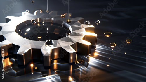 Sleek Low Poly Cog Gear with Precise Oil Droplets Cascading, Highlighted by Dramatic Lighting - Imagine a world where machinery meets elegance in a low poly design.