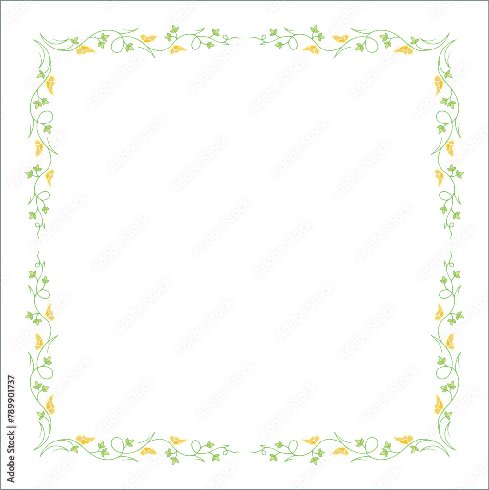 Green vegetal ornamental frame with leaves and yellow butterflies, decorative border, corners for greeting cards, banners, business cards, invitations, menus. Isolated vector illustration.	
