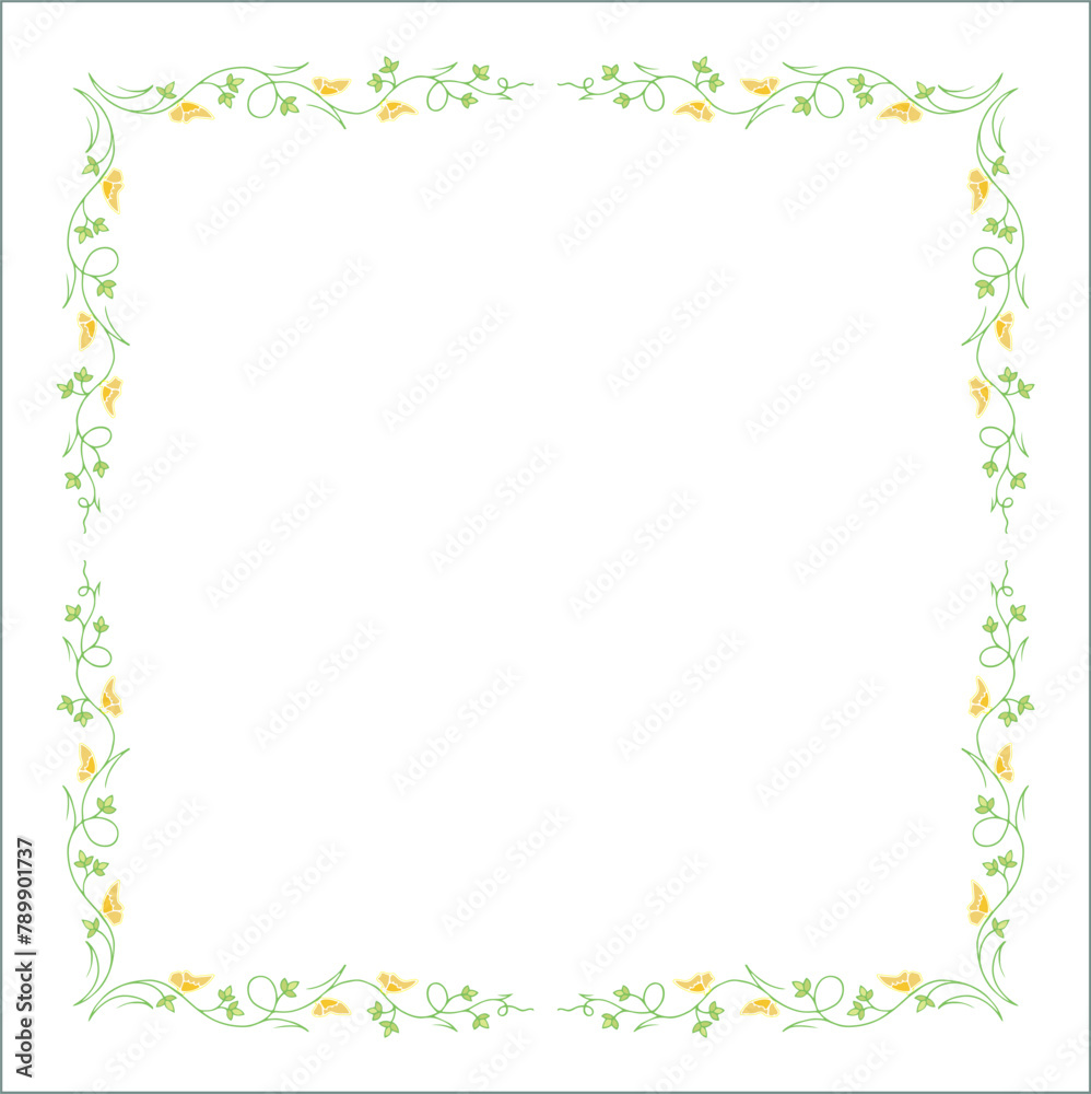 Green vegetal ornamental frame with leaves and yellow butterflies, decorative border, corners for greeting cards, banners, business cards, invitations, menus. Isolated vector illustration.
Green vegetal ornamental frame with leaves and yellow butterflies, decorative border, corners for greeting cards, banners, business cards, invitations, menus. Isolated vector illustration.
