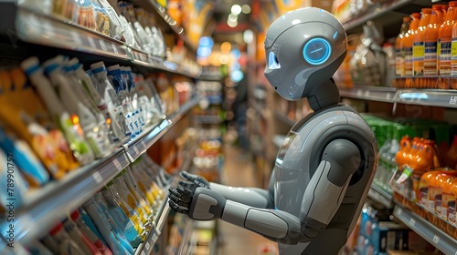 A futuristic robot retrieves an item from a high shelf following digital instructions displayed on its screen in a modern retail store or warehouse photo
