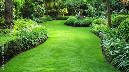 Fototapeta Naklejka Na Ścianę i Meble -  Pristine grass border along a curving garden path, leading the eye through a lush green landscape