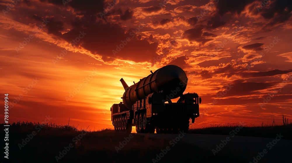 Fototapeta premium Silhouette of an ICBM being transported on a military truck at sunset, emphasizing logistics and deployment