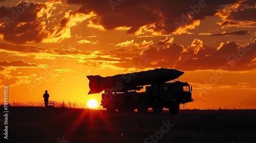 Silhouette of an ICBM being transported on a military truck at sunset, emphasizing logistics and deployment photo