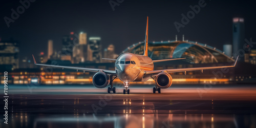 Large commercial airplane landing or take off on runway at night. Journey abroad tourism, oversea travel, flight transit, air travel transport, airline business, or transportation industry concept photo