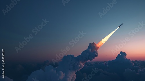 ICBM missile launch at dusk, smoke trailing against a dark blue sky, demonstrating military power