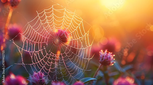 Dewy-covered spider web glittering in the early morning sunlight