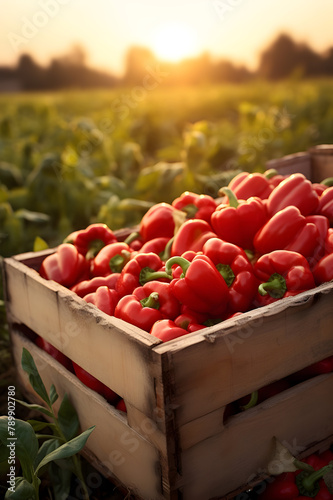 Red bell peppers harvested in a wooden box with field and sunset in the background. Natural organic fruit abundance. Agriculture, healthy and natural food concept. Vertical composition.