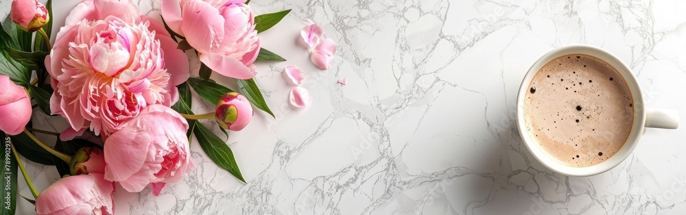 Cozy Mother's Day Breakfast: Pink Peony Flowers and Morning Coffee on White Stone Table in Flat Lay Style Cozy Mother's Day Breakfast: Pink Peony Flowers and Morning Coffee on White Stone Table in Flat Lay Style