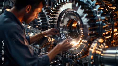 A Portrait of Engineer inspects engine gear wheel, industrial background.