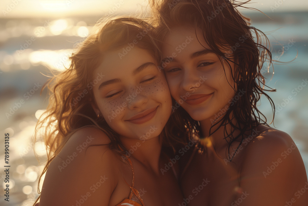 Two Young Girls Hugging on Beach Two Young Girls Hugging on Beach