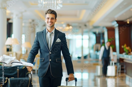 Smiling bellboy with luggage at upscale hotel entrance. photo