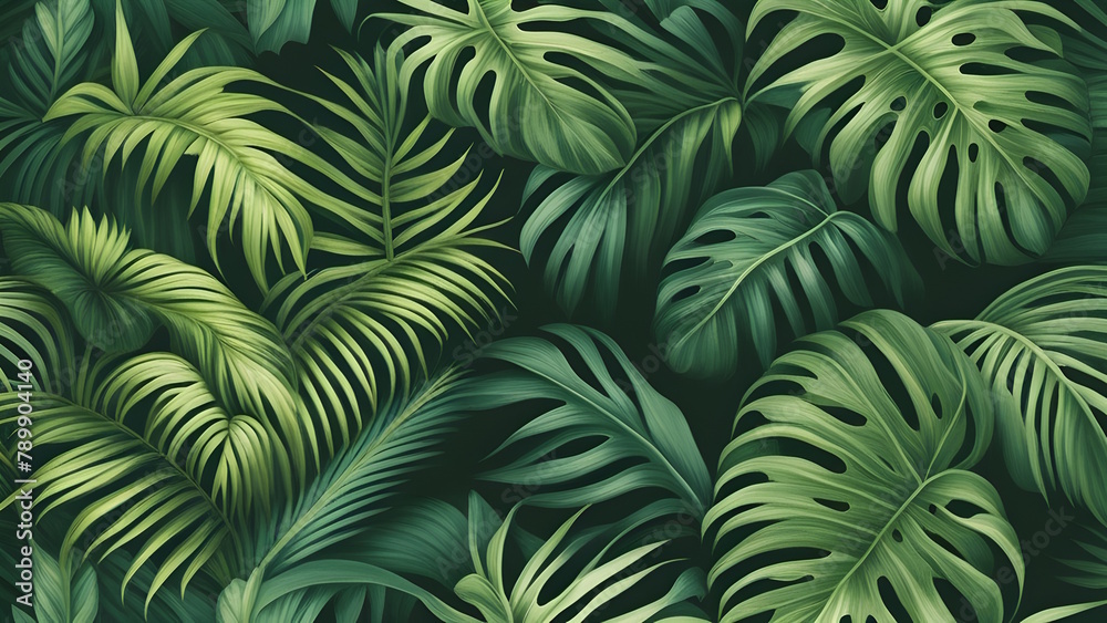 A close up of a bunch of green leaves on a black background Generative AI
