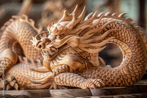 Photo capturing lifelike features of a wooden dragon. Intricate details showcased AI Image