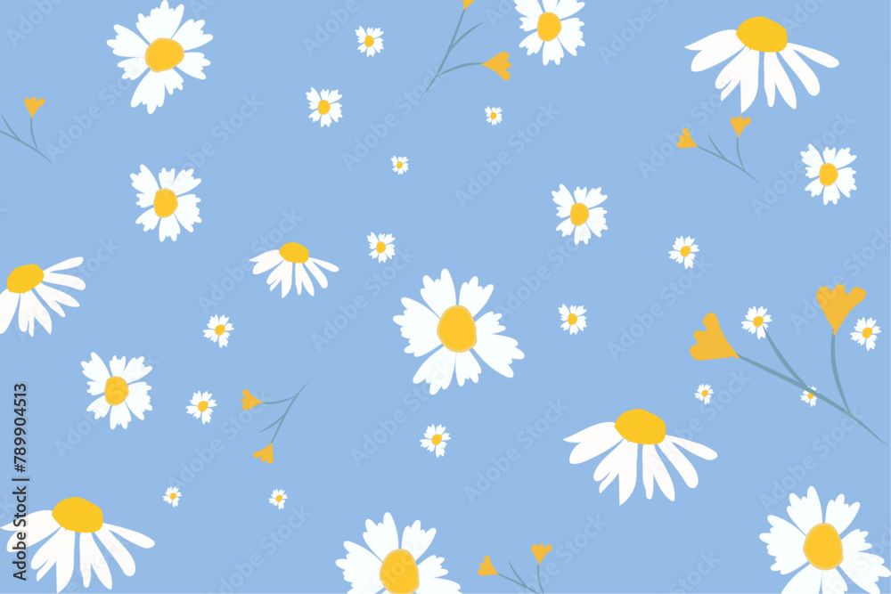 Obraz premium A Seamless patterns with daisy flower, meadow and hand drawn hearts on blue backgrounds vector illustration. Cute summer wallpaper.