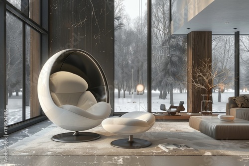Futuristic chair cocoon in a living room at modern house. photo