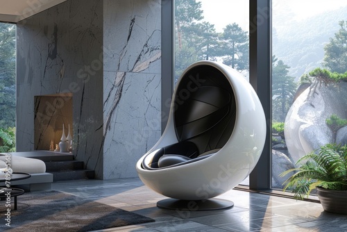 Futuristic chair cocoon in a living room at modern house.