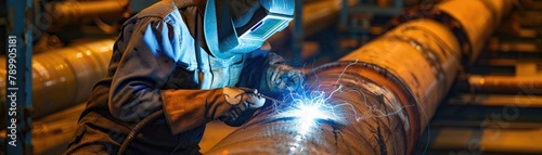 Welder in protective gear diligently working on a large metal pipe photo