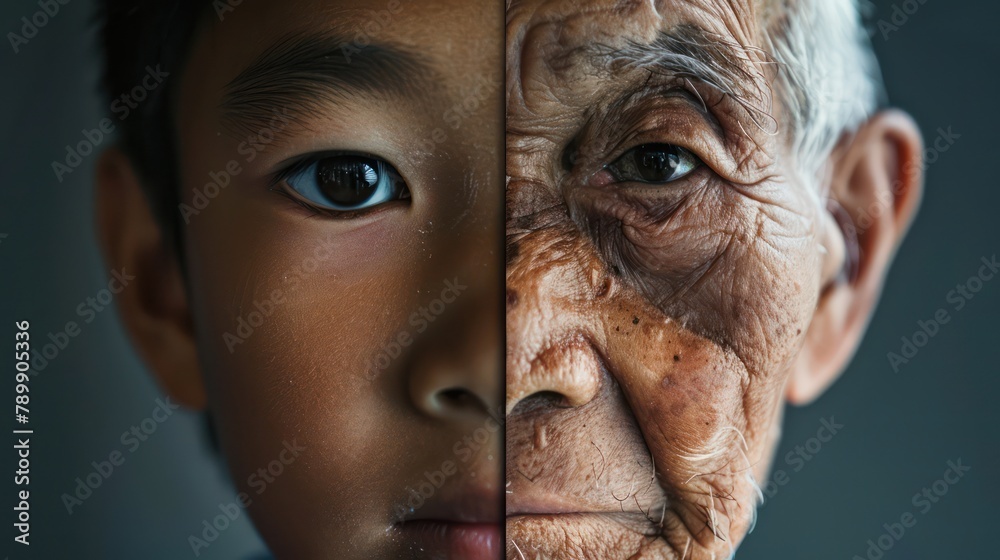 The face is divided into two halves - half of an Asian boy and half of an old Asian man. Distinguishing childhood and old age, aging, maturation, longevity, lifespan, aging, gerontology. The face is divided into two halves - half of an Asian boy and half of an old Asian man. Distinguishing childhood and old age, aging, maturation, longevity, lifespan, aging, gerontology.