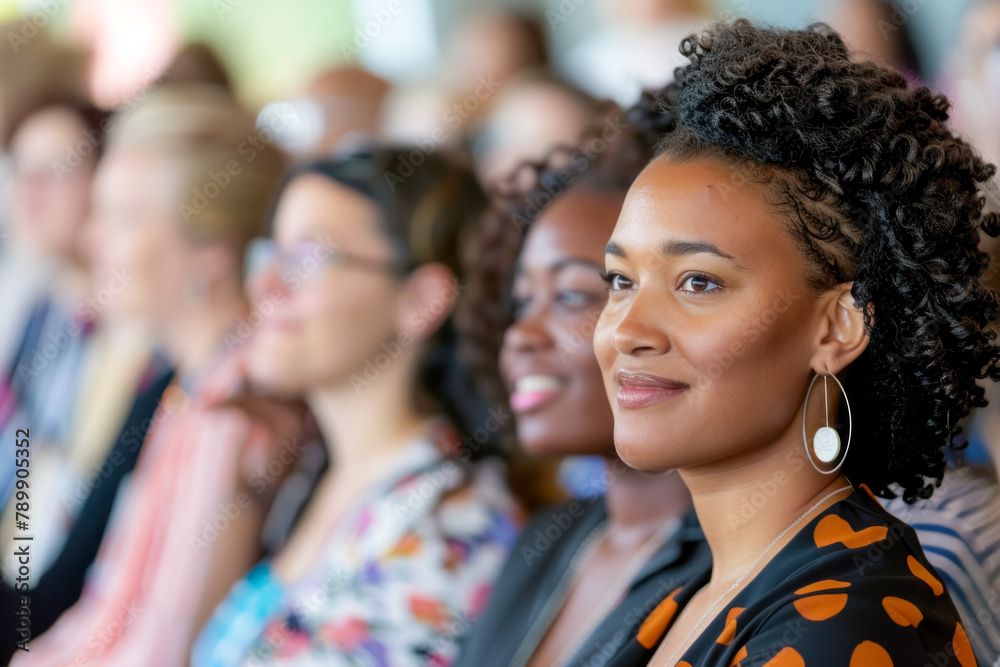 Young African American Woman Smiling Among Audience at Professional Event