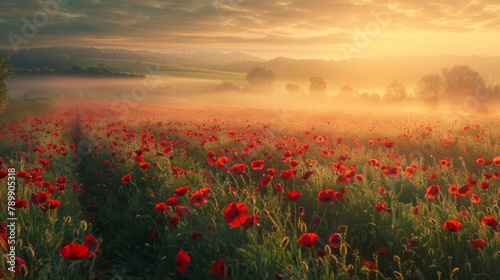 field of poppies at sunrise, beautiful summer landscape with red flowers in meadow © YURII Seleznov