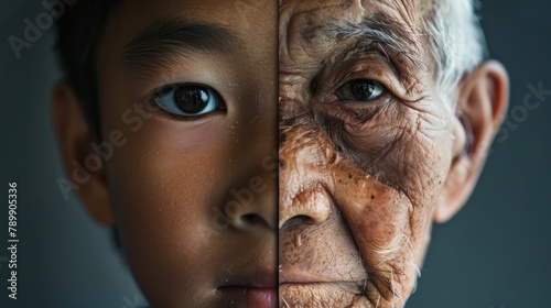 The face is divided into two halves - half of an Asian boy and half of an old Asian man. Distinguishing childhood and old age, aging, maturation, longevity, lifespan, aging, gerontology. © Phoophinyo