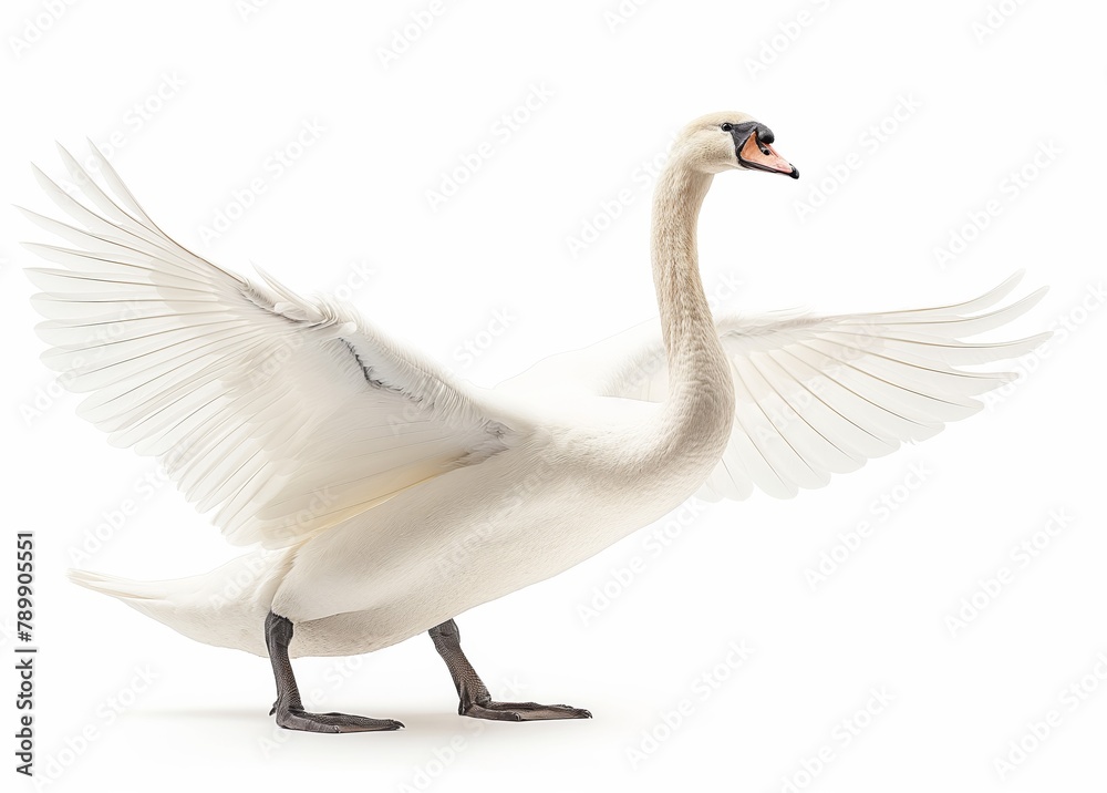 White Swan with Spread Wings on White Background
White Swan with Spread Wings on White Background