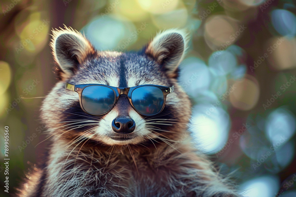 A raccoon with a touch of playfulness, its sunglasses reflecting a world full of possibilities. A raccoon with a touch of playfulness, its sunglasses reflecting a world full of possibilities.