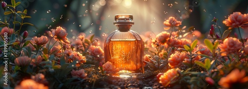 Perfume bottle in different floral backgrounds  magical atmosphere and beautiful light