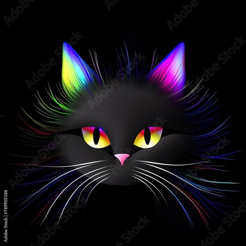 Rainbow Whiskers, Black cat with rainbow-colored whiskers, animation 3D © Katawut