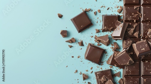 A close up of a chocolate bar with a blue background