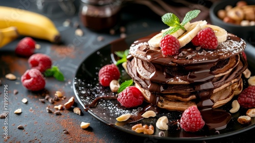 A stack of pancakes with chocolate sauce and raspberries on top