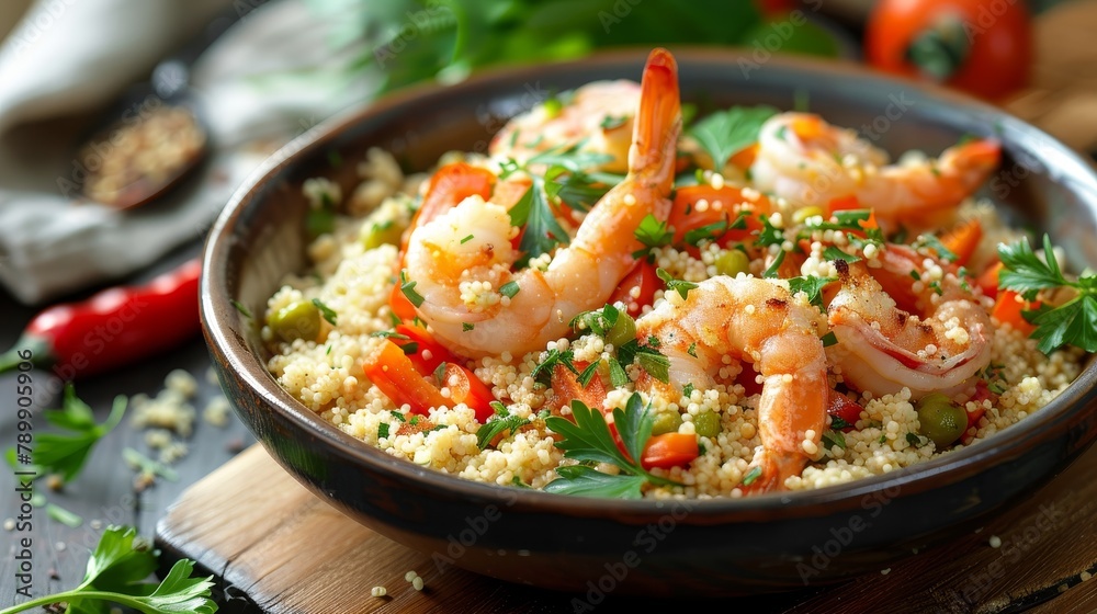 A bowl of shrimp and vegetables with a lot of seasoning