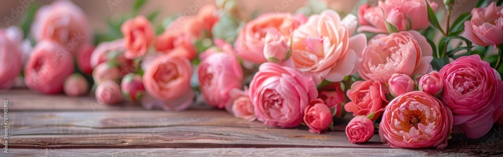 Pastel Floral Greeting Card: Close-Up of Fresh Pink Peonies and Roses on Rustic Wooden Background with Copy Space