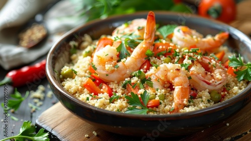 A bowl of shrimp and vegetables with a lot of seasoning