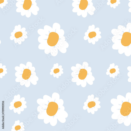 A Beautiful Seamless patterns with daisy flowers, meadow and hand drawn flowers on blue backgrounds vector illustration