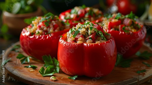 Four red bell peppers are filled with a mixture of vegetables and grains photo