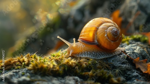 A snail on a mossy rock in the dappled sunlight.