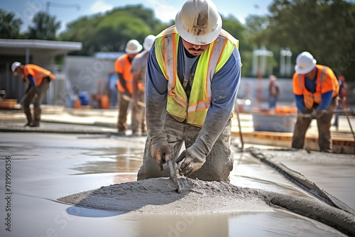 Concrete Finishing: Workers smoothing out freshly poured concrete. photo